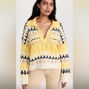 A.L.C. Yellow and Cream Fair Isle Patterned V-Neck Sweater